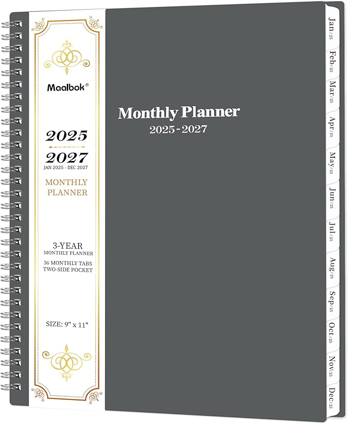 2025-2027 Monthly Planner/Calendar - 3 Year Monthly Planner 2025-2027, JAN 2025 - DEC 2027, 9'' x 11'', 36 Monthly Tabs, 2-Side Pocket