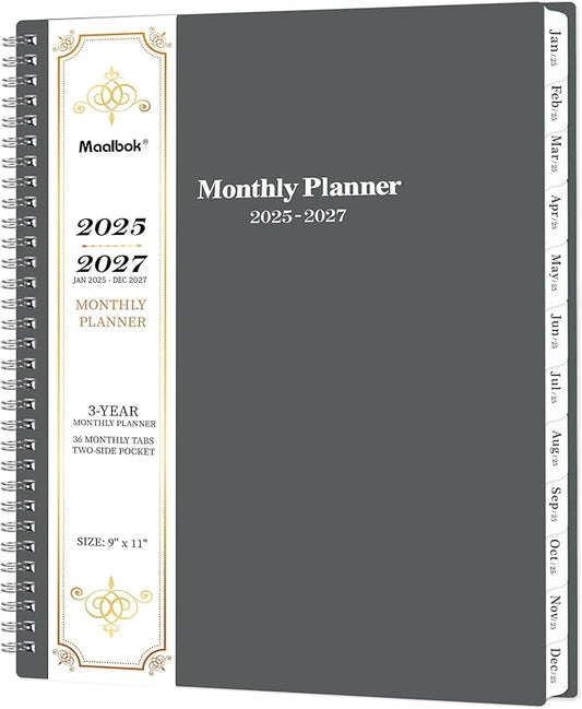 2025-2027 Monthly Planner/Calendar - 3 Year Monthly Planner 2025-2027, JAN 2025 - DEC 2027, 9'' x 11'', 36 Monthly Tabs, 2-Side Pocket