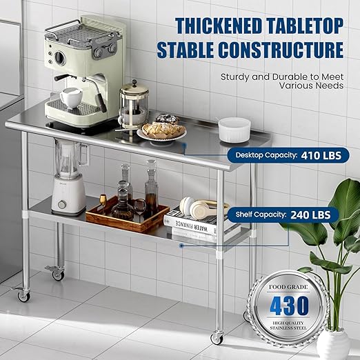 Stainless Steel Table with Wheels 18 x 48 Inches Metal Prep Table with Backsplash & Caster, Adjustable Undershelf for Commercial Kitchen, Outdoor, Restaurant, Hotel & Garage