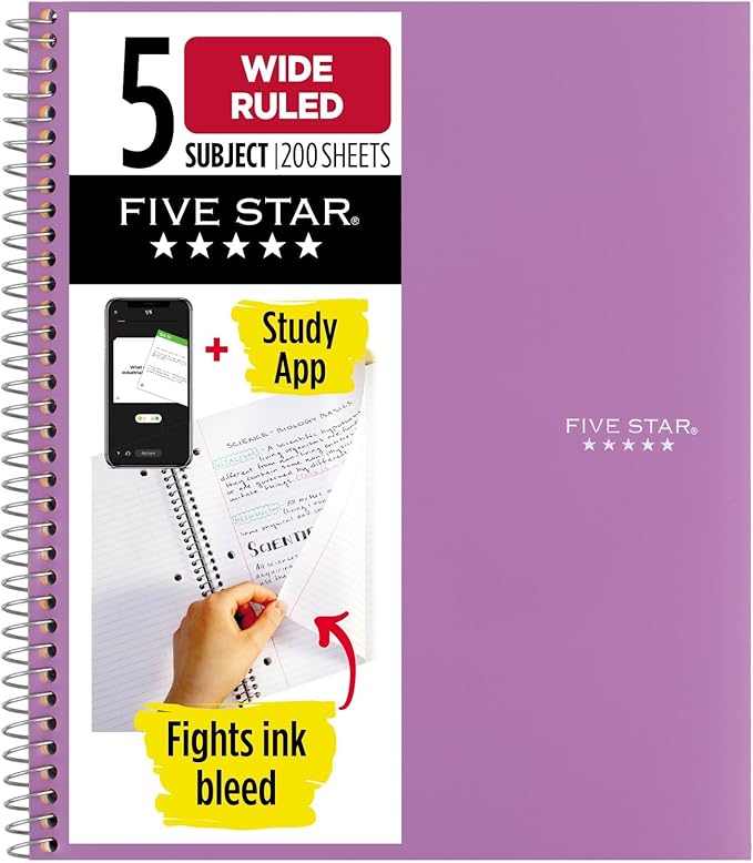 Five Star Spiral Notebook + Study App, 5 Subject, Wide Ruled Paper, Fights Ink Bleed, Water Resistant Cover, 8" x 10-1/2", 200 Sheets, Amethyst Purple (38739)