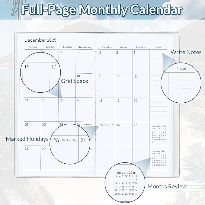 Pocket Calendar 2025-2026, Small Monthly Planner 2025-2026 - 3.7" x 6.7" - Runs from January 2025 Until December 2026, Pocket Calendar 2025 with Beach Cover for Planning