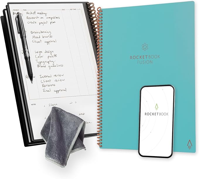 Rocketbook Fusion Reusable Undated Productivity Planner, Letter Size 8.5x11, Teal - Goals, Monthly and Weekly Calendar, Daily To-do List, Lined and Dotted Notes Pages (Pack of 32)