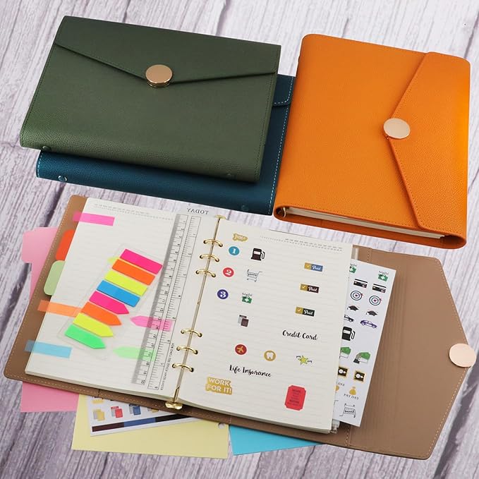 HXRTANGS PU Leather Notebook Binder Set A5, Refillable Writing Journal Planner Organizer with Paper Refills, Index Flags, Subject Dividers, Budget Stickers, Zipper Pocket and Bookmark Ruler, Orange