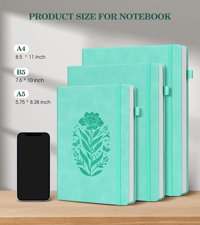 Lined Journal Notebook for Women, Hardcover Leather Journaling Notebooks, B5 200 Pages Large Journals for Writing, College Ruled Notebook for Work School, Note Taking Diary 7.6'' X 10'' Green