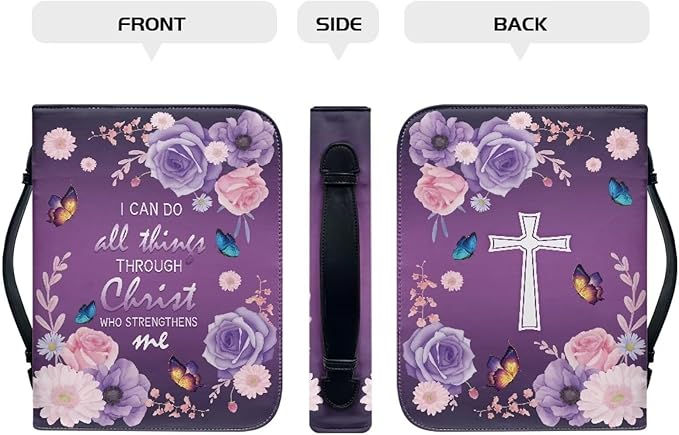 Lotusorchid Flower Butterfly Bible Bags for Women, Portable Bible Cover Bags for Girls, Christian Bible Study Accessories,I Can Do All Things Through Christ Who Strengthens Me Bible Verse, XL