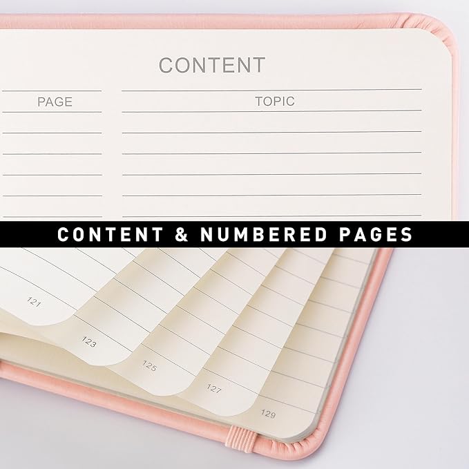 RETTACY Journaling Notebooks, A5 Lined Journal Notebook with 192 Numbered Pages, 5.7'' × 8.3'' Medium Size, for Writing, Work, Office, Leather Hardcover, 100 GSM Thick Paper (Rose Gold)