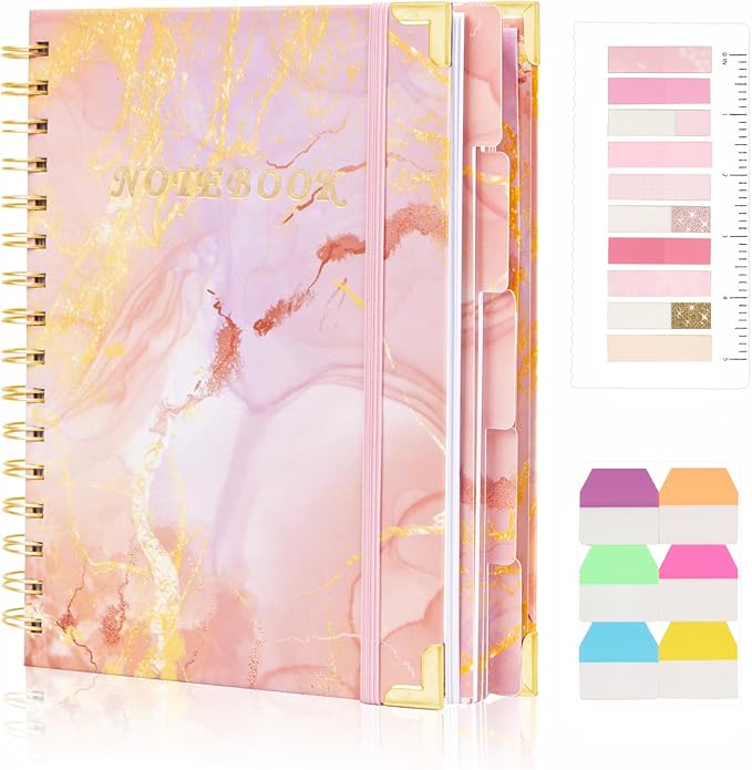 Spiral Notebooks for Work, 240 Pages Lined Spiral Journal Notebook, 5 Subject A5 College Ruled Journals for Writing, 8.6”x6.2''Journaling Notebooks for School Office Supplies (Pink Marble)