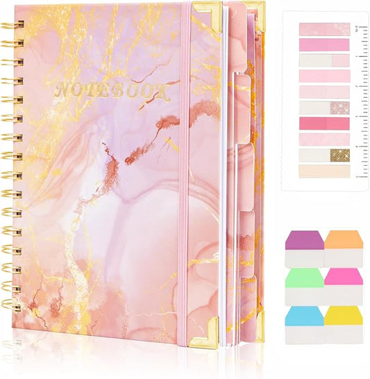 Spiral Notebooks for Work, 240 Pages Lined Spiral Journal Notebook, 5 Subject A5 College Ruled Journals for Writing, 8.6”x6.2''Journaling Notebooks for School Office Supplies (Pink Marble)