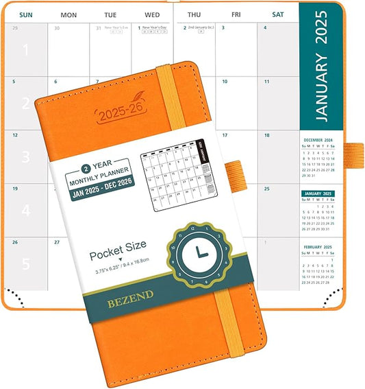 BEZEND 2 Year Pocket Calendar 2025-2026 - Small Monthly Planner for Purse 6.5" x 3.5", Runs Jan 2025 to Dec 2026, 100 GSM Paper, Pen Loop & Notes, PU Leather Hardcover in Orange