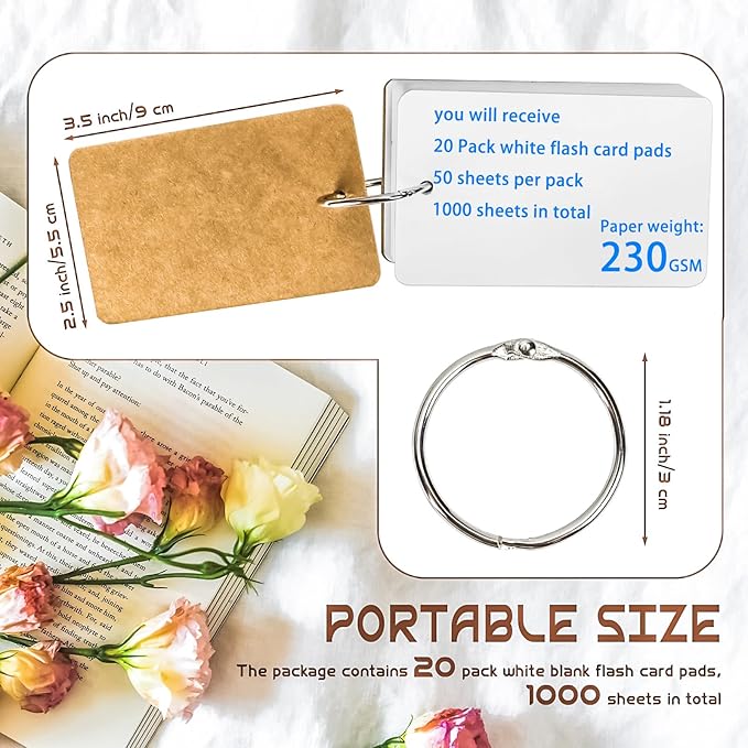 MotBach 1000 Sheets White Blank Flash Cards with Binder Rings,3.5 x 2.2 Inch Index Cards, Small Note Cards Study Cards Learning Cards Kraft Paper Cards, Easy Flip Mini Index Note Flashcards (20 Pack)