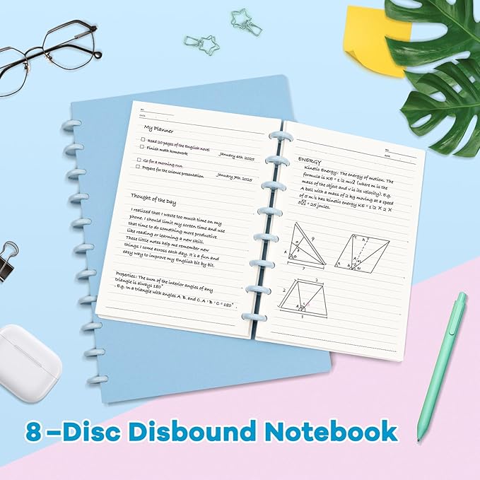 Discbound Notebook, 8-Disc Disbound Planner with Removable Pages, 180 Pages Spiral Notebook, Poly Cover Discbound Planner for Work, Travel, Note Taking(With Index Sticker),Blue,A4