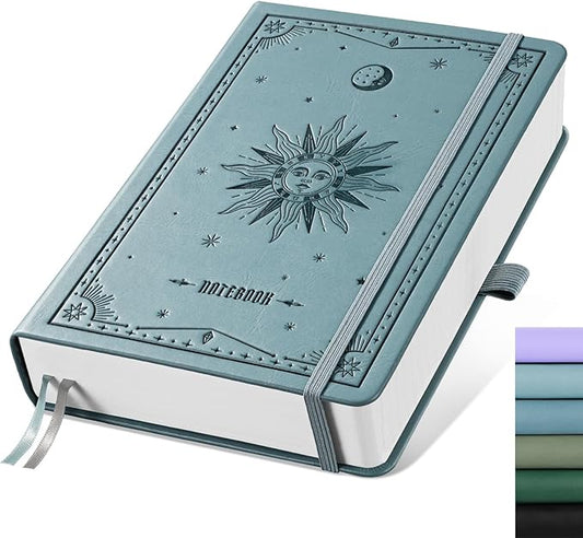 EMSHOI Bullet Dotted Journal Notebook - 320 Pages, 100gsm Thick Paper, A5 Hardcover Leather, Dot Grid Notebook for Women Men Work Writing, Bullet Journaling, Drawing, 5.75 x 8.38, GrayBlue