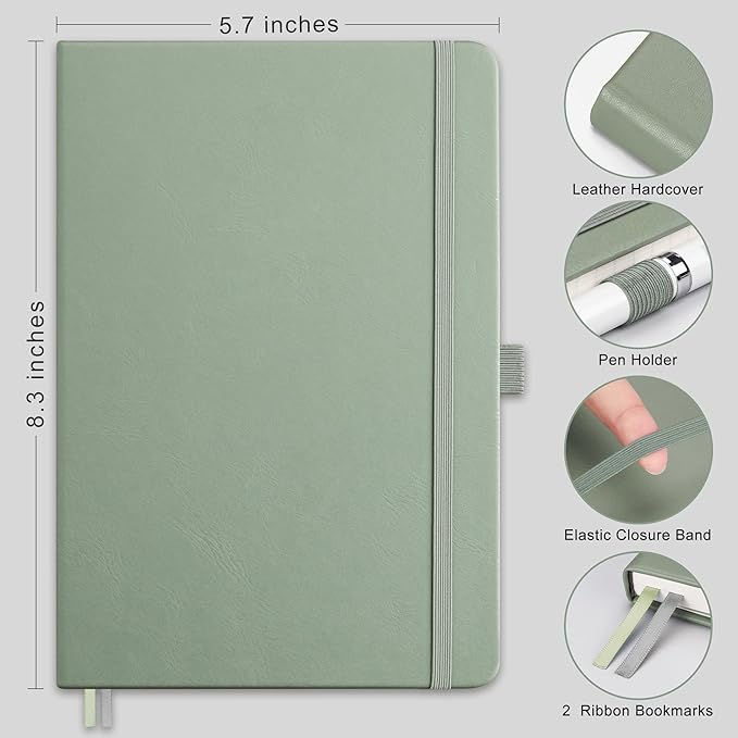 RETTACY Journaling Notebooks, A5 Lined Journal Notebook with 192 Numbered Pages, 5.7'' × 8.3'' Medium Size, for Writing, Work, Office, Leather Hardcover, 100 GSM Thick Paper (Sage Green)