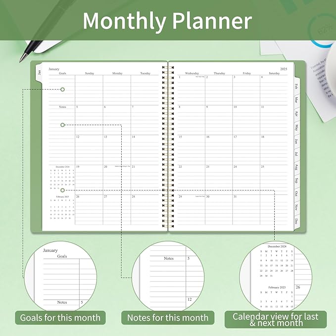 2025 Planner Weekly and Monthly, Calendar Planner with Monthly Tabs, 2025 Weekly Planner from Jan 2025 - Dec 2025, Weekly Monthly Planner with Spiral Binding- 8.5" x 11", Green