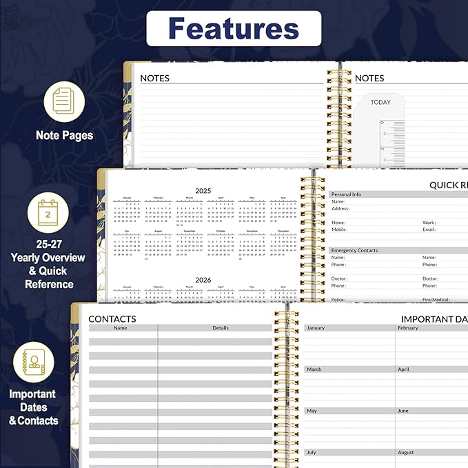 SUNEE 2025 Appointment Book, Quarter-Hourly, Weekly & Monthly - from January 2025 - December 2025, 8.5"x11" Flexible Cover, Notes, Pockets, Bookmark, Spiral Binding, Vintage Floral