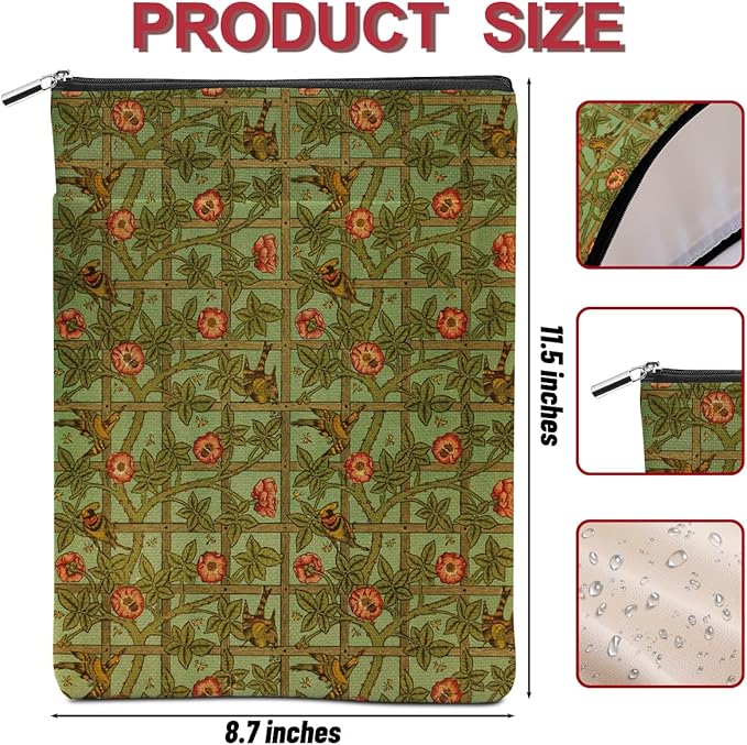 Vintage Flower Bird Book Sleeve Book Lovers Gifts Autumn Style Waterproof Book Cover Book Accessories Book Covers for Paperbacks Book Pouch Book Protector with Front Pocket for Women Girls Bibliophile