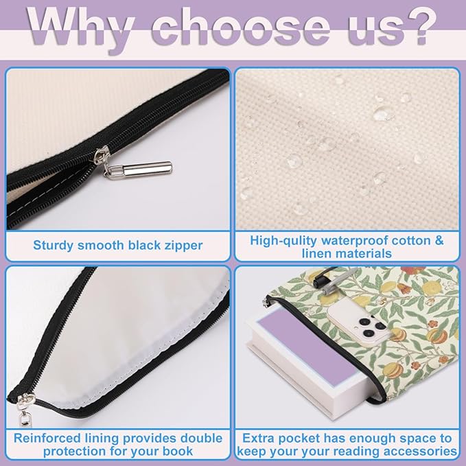 Retro Floral Fruit Book Sleeve Book Cover Classic Flower Book Protector with Zipper Christmas Birthday Book Club Gifts Book Accessories for Women Mom Reader Librarian Girls Bookish Book Lovers Gifts