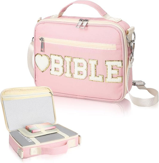 Silkfly Large Chenille Letter Bible Cover for Women Preppy Patch Bible Case Church Bible Bag with Handle(Pink)