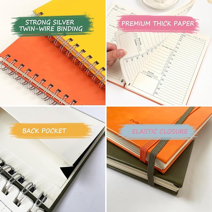 Undated Daily Planner,Undated Planner with Hourly Schedules, Daily Organizer Notebooks for work, Spiral Appointment Planner for Men and Wome, To Do List Notebook for Time Management, Elastic Closure, Pocket(Orange)