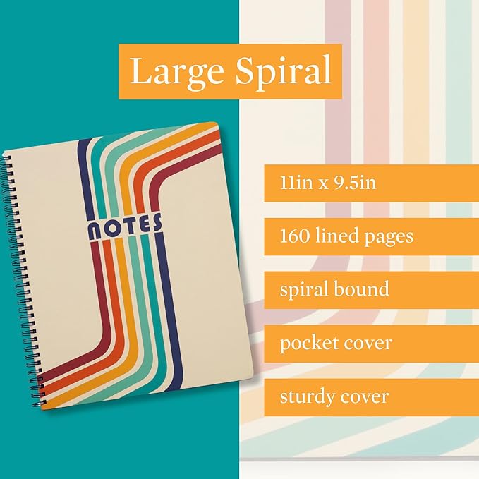 Steel Mill & Co Cute Large Spiral Notebook College Ruled, 11" x 9.5" with Durable Hardcover and 160 Lined Pages (Retro Stripe)