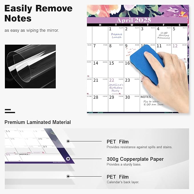 Ospelelf Dry Erase Wall Calendar 2025-2026 Large Laminated Calendar 32'' x 48'' Yearly Office Horizontal 24 Month Calendar, Use July 2025 - June 2026 (Floral)