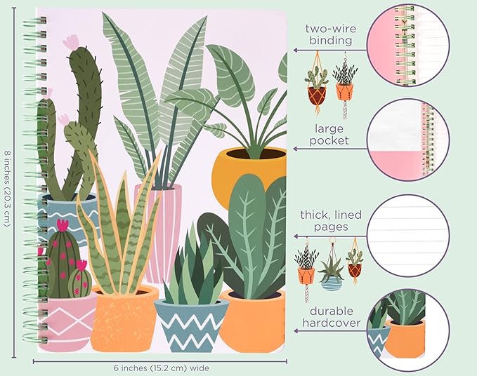 Steel Mill & Co Cute Pink Mini Spiral Notebook, 8.25" x 6.25" Journal with Durable Hardcover and 160 Lined Pages, Succulent