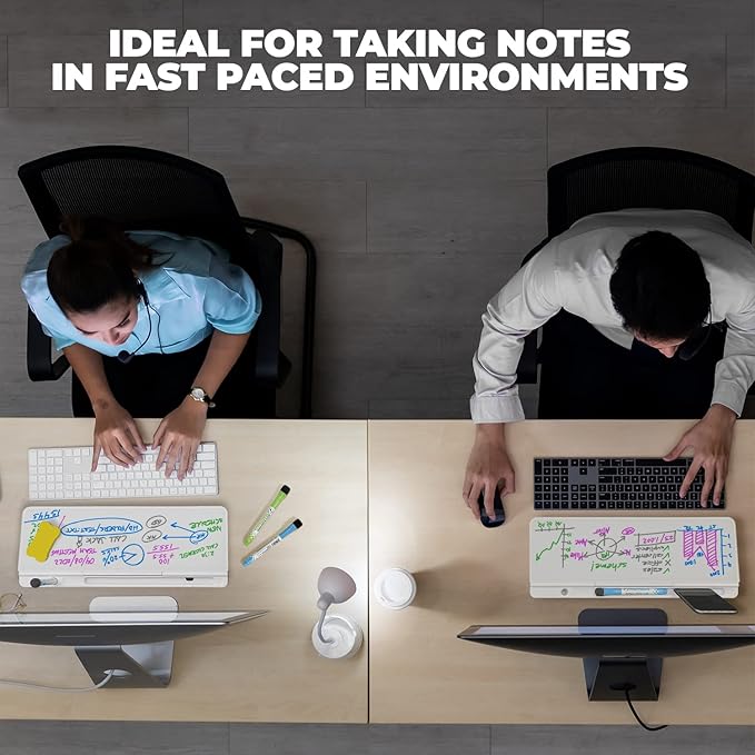 Desktop Whiteboard - Glass Dry Erase White Board - Desk Computer Buddy – Home Office & Studying Essentials - with Phone & Tablet Slot, Storage Compartment - Includes 4 Markers, 1 Eraser (2 Pack)