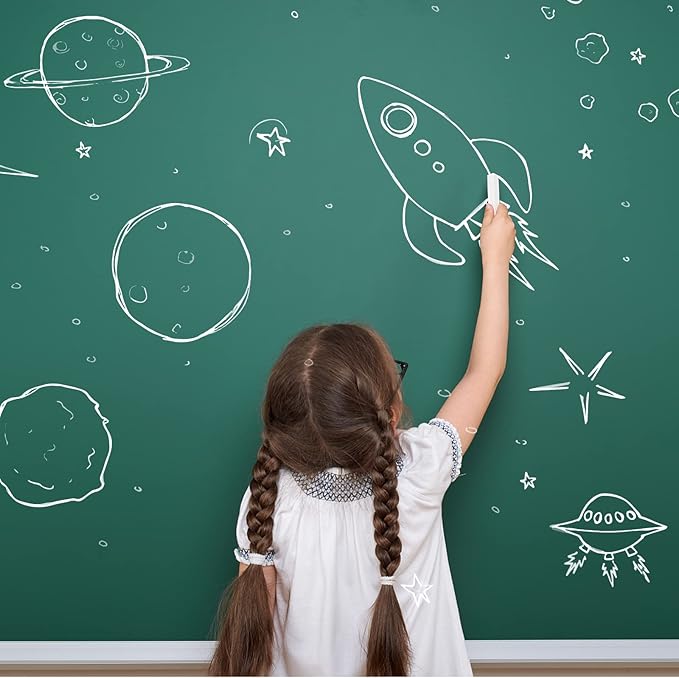 Chalkboard Wallpaper Stick and Peel: Green Contact Paper Classroom Chalkboard Stickers Chalk Board Paint Self Adhesive Wall Paper with 8 Colorful Chalks (17.5 X 78.7 Inches)