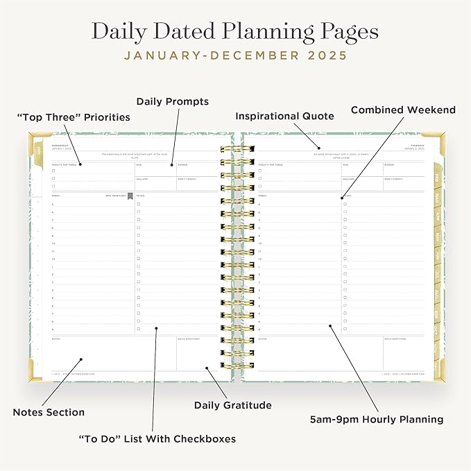 Day Designer 2025 Daily Planner – Premium Planner for Stylish Organization. Combines Monthly Calendar, Hourly Schedule, To-Do List, Gratitude, Goal Setting, Inspirational Quotes, Stickers & More. Elegant laminated Cover with Gold Accents (Graceful)