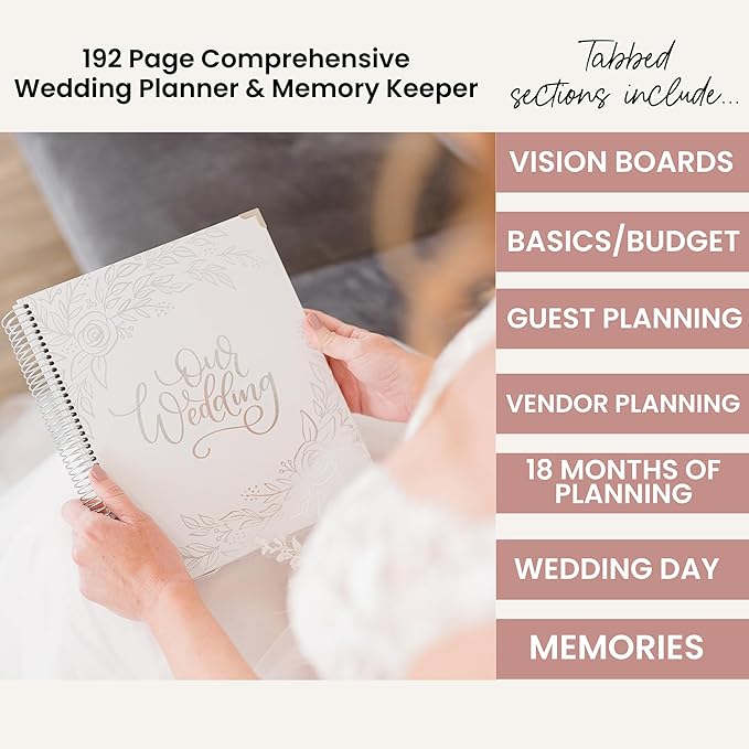 bloom daily planners Wedding Planner & Organizer/Hardcover Keepsake Journal with Essential Planning Tools - Checklists, Vision Boards, Tips & More - 9"x11" - Silver Floral (Undated)
