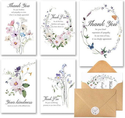 C2U Funeral Thank You Cards with Envelopes(20 Pack 4"x6"),Stickers & Message Inside - Wildflower Bereavement Sympathy Thank You Cards for Funeral Family Friends Loved Ones