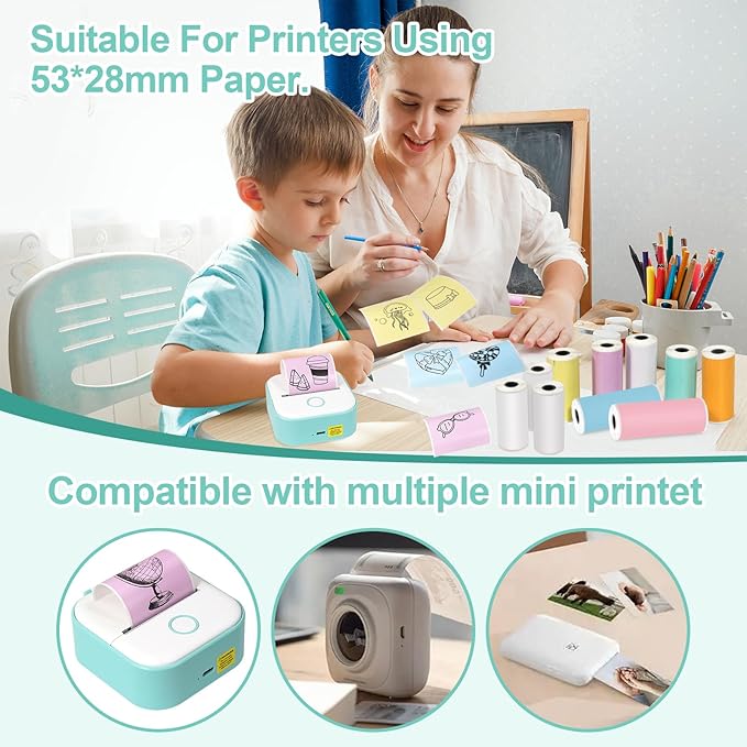 14 Rolls 53mmx28mm Thermal Printer Paper, Mini Colorful Self-adhesive Label Printer Paper for Phomemo Memoking Mini Printer, Small Printer T02/M02, Study Notes, Journal Photos (Multicolor)