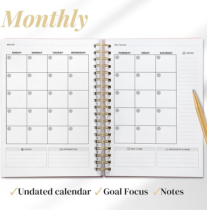 Life & Apples Wellness Planner Pro for Healthy Living - with Agenda, Food Journal, Gratitude, Fitness and Self-Care - Track Weight Loss Diet, Physical and Mental Health Goals - Undated, Rose Gold