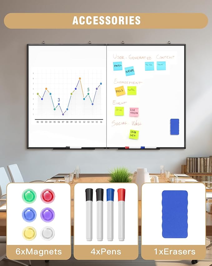 60"X 40" Large Magnetic Dry Erase Whiteboard, Wall Hanging Board with 4 Dry Erase Markers & 1 Dry Erasers & 6 Magnets, Aluminum Frame Black