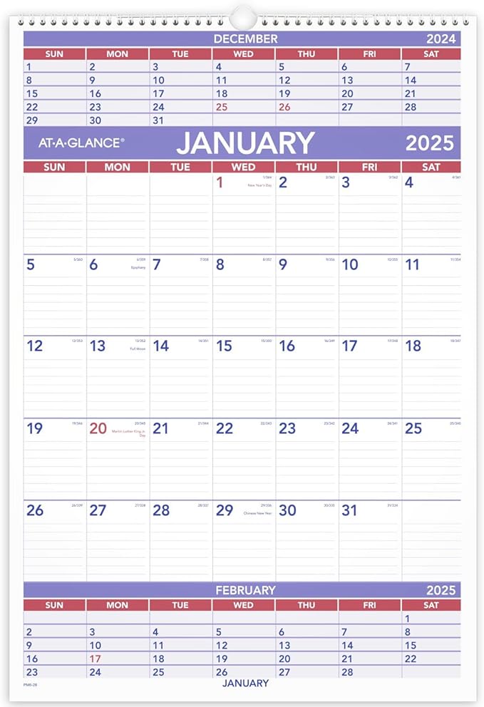 AT-A-GLANCE 2025 Wall Calendar, 15-1/2" x 22-3/4", Large, 3-Month Reference (PM62825)