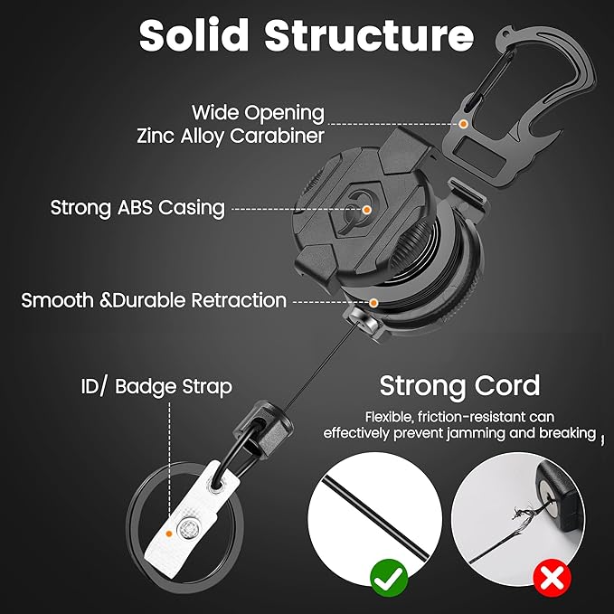 2 Pack Retractable Keychain Heavy Duty Carabiner Badge Holder with Magnetic Closure, Tactical ID Badge Reel for Men with 32” Steel Retractable Cord, Bearing 17 OZ