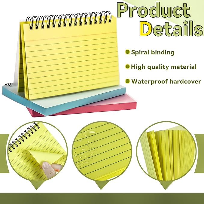 MotBach 150 Sheets Spiral Ruled Index Cards, 6 x 4 Inch, 3 Colors Spiral Bound Lined Index Cards Learning Note Cards Flash Cards with PP Cover for Memory Learning Home School Office To Do List