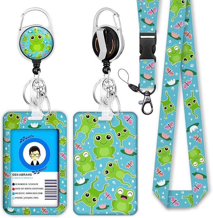 Frog Lanyards for Id Badges, Cute Badge Reel Heavy Duty with Carabiner Clip, Fashionable ID Badge Holder with Breakaway Lanyard, Teacher Nurse Office Christmas Gifts