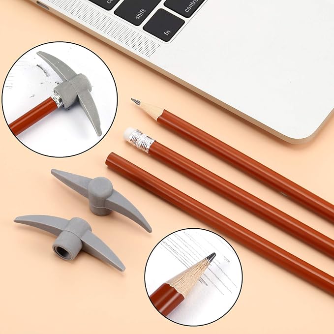 Chinco 24 Pieces Pickaxe Pencils Eraser Set Funny Eraser Topper Pencils Bulk with Axe Shape Erase for Students Gifts