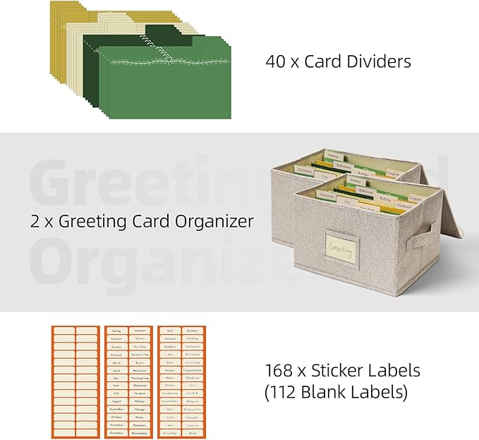 Vienrose Greeting Card Organizer Storage Box with 20 Removable Dividers, 84 Self-stick Labels, Perfect for Photos, Envelopes, Scrapbooking, Paper, Stickers Holder 2 Pack Beige