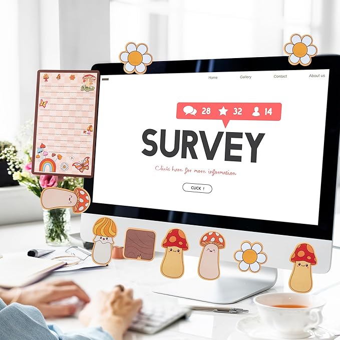 B1ykin Sticky Notes Set - Cartoon Theme Cute Self-Stick Notes Pad Teacher Appreciation Gifts， Self-Adhesive Writing Memo Pages Sticky to Do Notepad for Kids Employee School Office (Retro Mushroom)