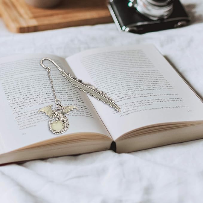 2 Pack Vintage Feather Bookmark, Unique Glow in The Dark Bookmark Gift, Birthday Gifts Teacher Christmas Gifts for Women Christmas Stocking Stuffers(Dragon & Cross)