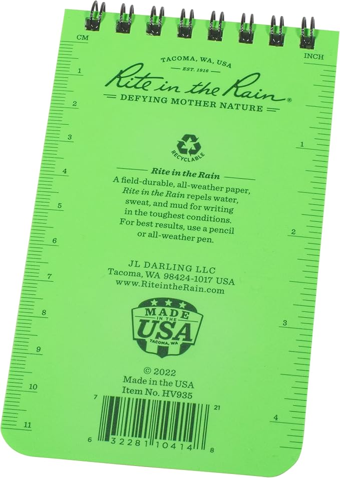 Rite in the Rain Florescent Top Spiral Notebook, 3” x 5”, Hi Vis Green Cover, Universal Page Pattern, 3 Pack (No. HV935-3)
