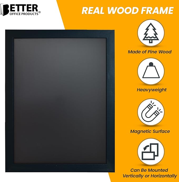 Magnetic Wall Chalkboard, Large Size 18" x 24", Rustic Wood Frame, Chalkboard Sign, Vertical or Horizontal Wall Mount, Includes Chalk and Eraser, by Better Office Products (Solid Black)