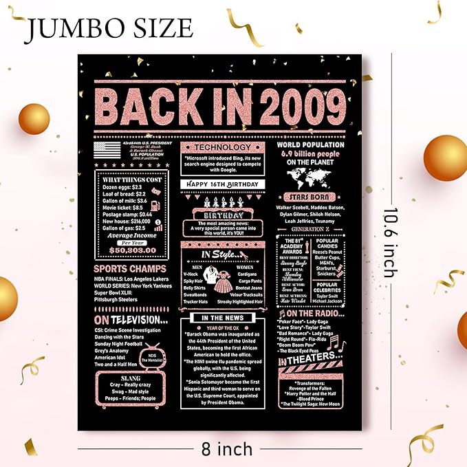 16th Birthday Card, 16th Birthday Decorations for Girls, 16th Birthday Gifts for Daughter, Back in 2009 Birthday Card, Rose Gold