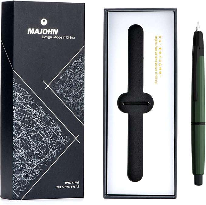 Majohn A2 Press Fountain Pen Extra Fine Nib with Box, Retractable Green Resin Ink Pen with Converter Writing Set (Black Clip Version）