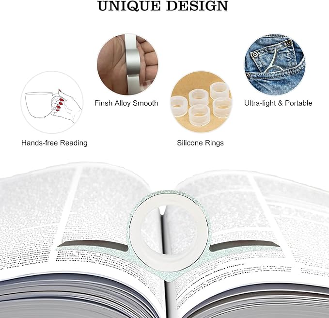 Thumb Book Page Holder Gifts for Book Lovers, Ultralight Metal Book Reading Holders Accessories with 5 Assorted Size Silicone Rings for Keep Book Open Women Reader Bookish Teachers Spreader Bookmark