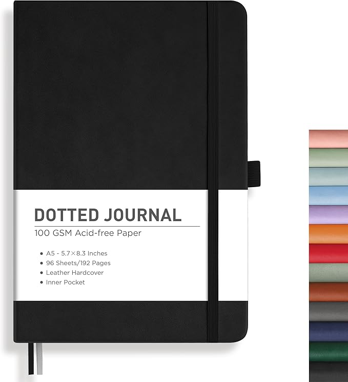 RETTACY Bullet Dotted Journal, A5 Dotted Notebook Journal with 192 Pages, 5.7'' × 8.3'', Medium Size, 100 GSM Thick Paper, Leather Hardcover, Bullet Journaling, Planning (Black)