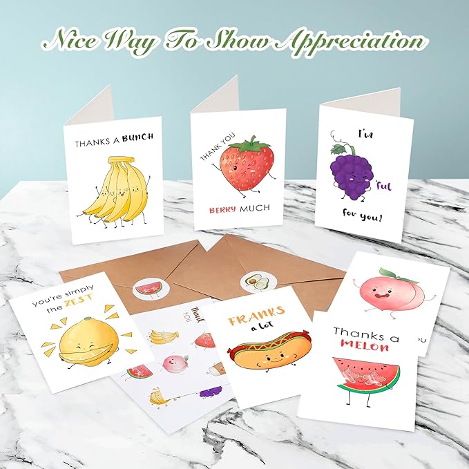 40 Funny Thank You Cards with Envelopes & Stickers, 4×6 in Cute Pun Cards Assorted Blank Greeting Cards, Boxed Bulk Note Cards for Friends Teachers Business Coworker Employee Appreciation