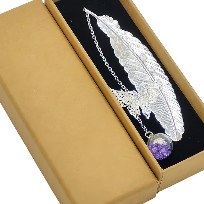 Vintage-Style Metal Feather Bookmark with 3D Butterfly Pendant - Ideal Gifts for Teachers and Book Lovers (Silver.Purple White Flower)